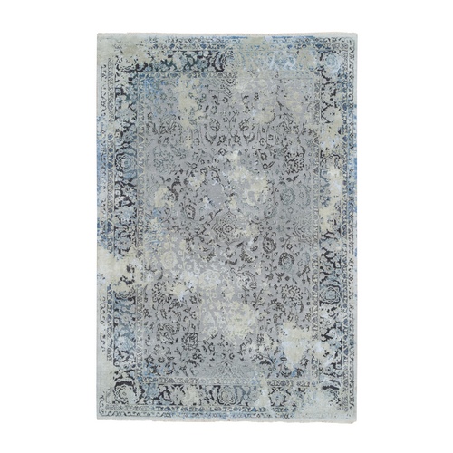 Light Gray, Pure Silk with Wool Hand Knotted, Broken Kashan Design, Oriental Rug