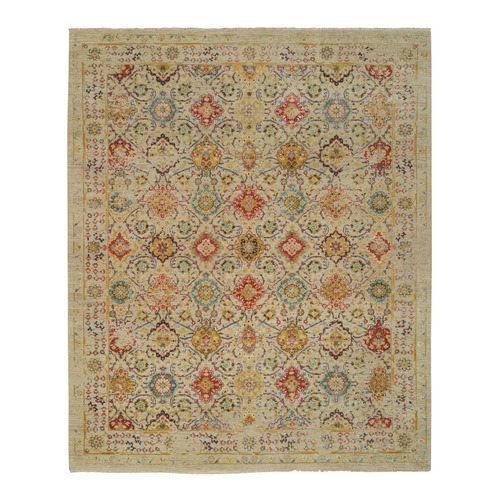 Beige, THE SUNSET ROSETTES, Hand Knotted Wool And Pure Silk, Oriental 