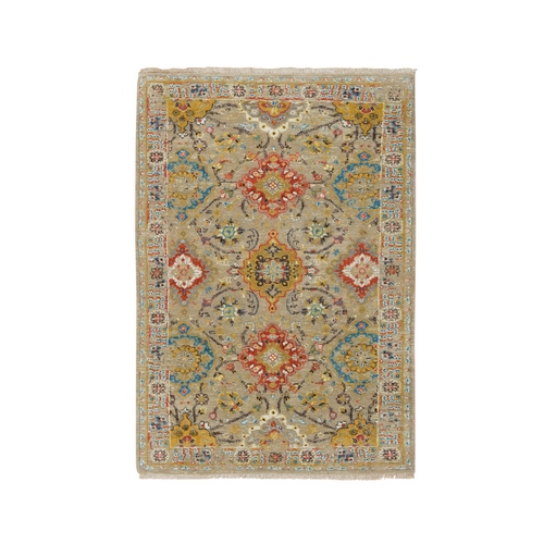 Beige, Wool And Pure Silk THE SUNSET ROSETTES, Hand Knotted, Oriental Rug