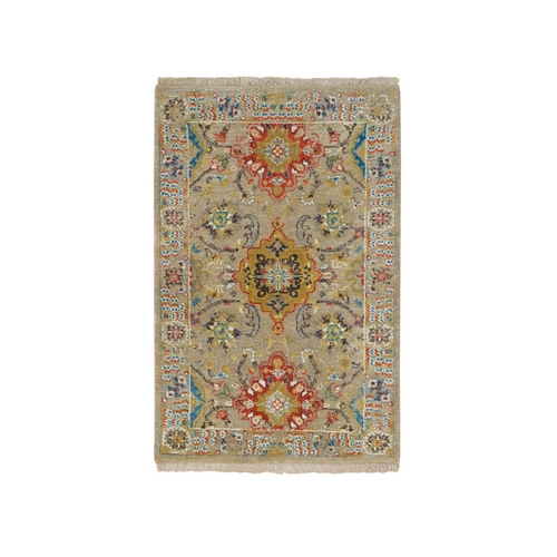 Beige, THE SUNSET ROSETTES, Hand Knotted Wool And Pure Silk, Mat Oriental Rug