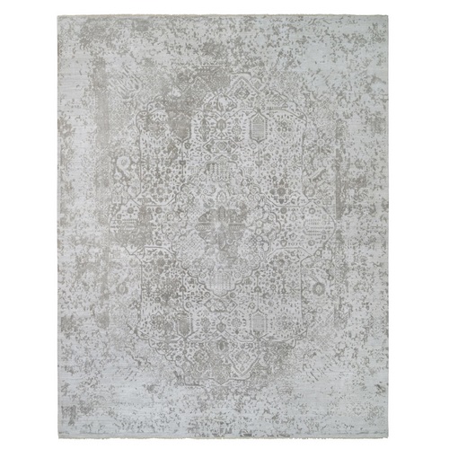 Gray, Broken Persian Design, Hand Knotted Wool and Pure Silk, Oversized Oriental 