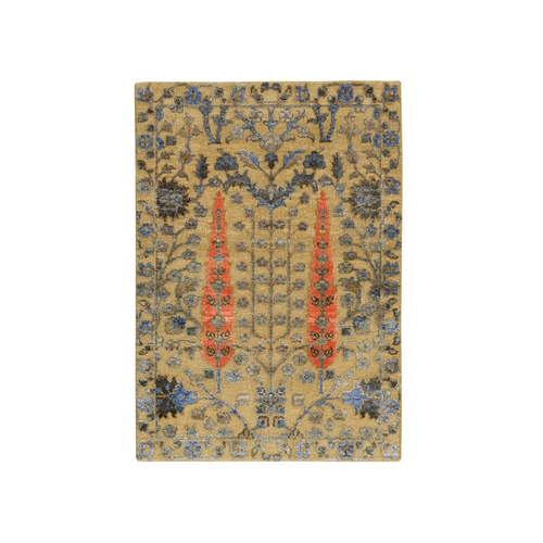 Almond Brown, Hand Knotted Cypress Tree Design, Silk With Textured Wool, Mat Oriental 