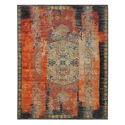 Rust Red & Black, Ancient Ottoman Erased Design, Hand Knotted Ghazni  
Wool, Oriental Rug