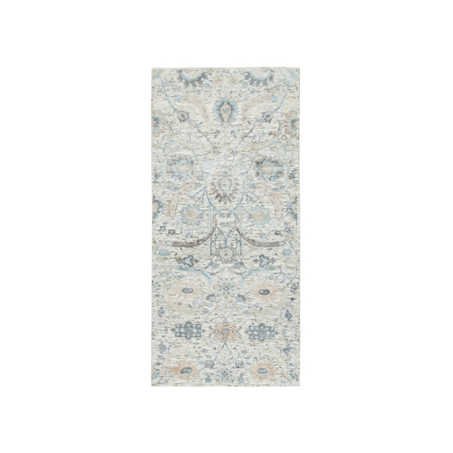 Ivory, Sickle Leaf Design Soft Pile, Hand Knotted, Silk with Textured Wool, Runner Oriental 