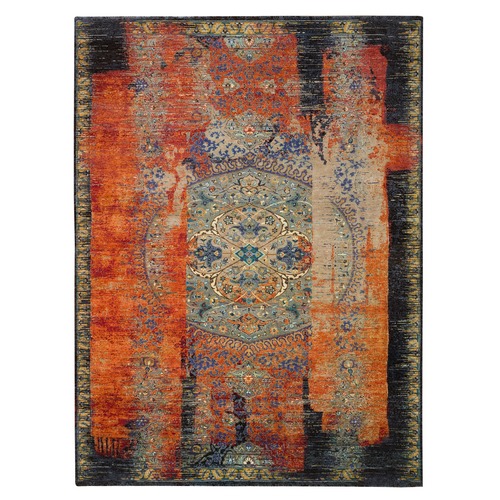Rust Red & Black, Ghazni Wool Hand Knotted, Ancient Ottoman Erased Design, Oriental Rug