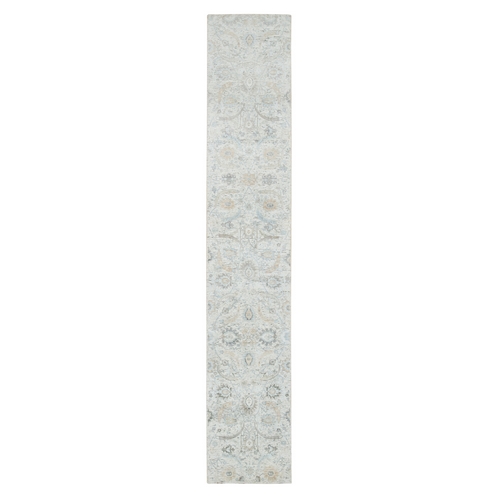 Ivory, Sickle Leaf Design Soft Pile, Silk with Textured Wool Hand Knotted, Runner Oriental Rug