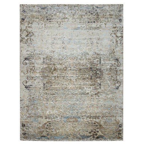 Gray, Transitional Persian Influence Erased Medallion Design, Hand Knotted Silk with Textured Wool, Modern, Oriental Rug