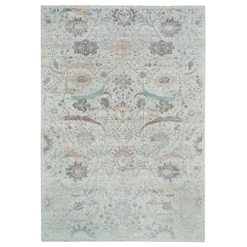 Ivory, Sickle Leaf Design Soft Pile, Silk With Textured Wool Hand Knotted, Oversized Oriental Rug
