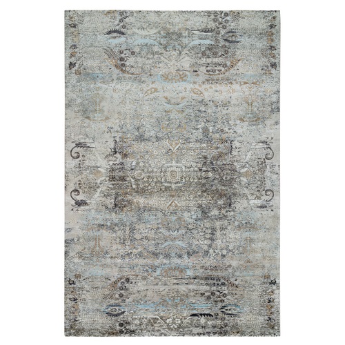 Gray, Transitional Persian Influence Erased Medallion Design, Silk with Textured Wool, Hand Knotted, Modern, Oversized Oriental 