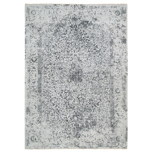 Gray, Hand Knotted Broken Persian Design, Wool And Pure Silk, Oriental 