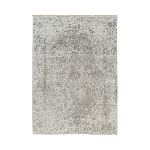 Gray, Broken Persian Design, Wool And Pure Silk Hand Knotted, Oriental Rug