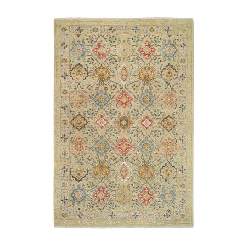 Beige, THE SUNSET ROSETTES, Wool And Pure Silk Hand Knotted, Oriental Rug