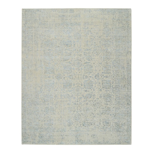 Gray with Touches of Blue, Jacquard Hand Loomed Wool and Plant Based Silk, Tabriz Design, Oriental Rug