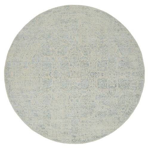 Gray with Touches of Blue, Tabriz Design, Jacquard Hand Loomed Wool and Plant Based Silk, Round Oriental Rug
