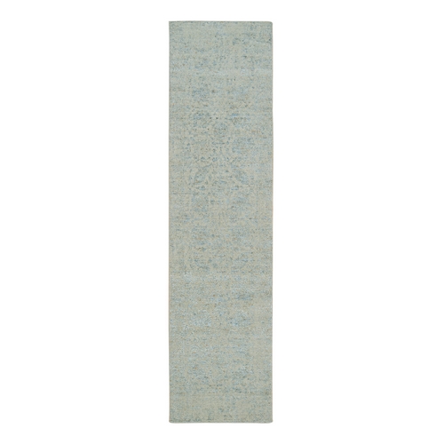 Gray with Touches of Blue, Fine Jacquard Hand Loomed, Tabriz Design, Wool and Plant Based Silk Runner Oriental 