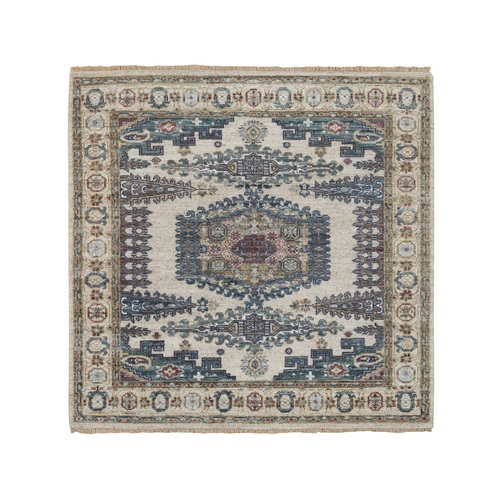 Ivory with Soft Tones, Persian Viss Design Reimagined Plush and Lush, Soft Pile Pure Wool Hand Knotted, Square Oriental Rug