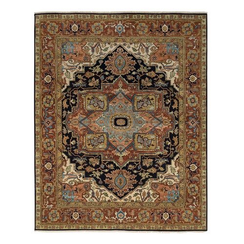 Midnight Blue and Rust, Heriz with Classic Geometric Medallion Design, Thick and Plush, Hand Knotted, Pure Wool, Oriental Rug