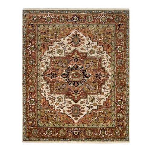 Ivory and Rust, Heriz with Classic Geometric Medallion Design, Thick and Plush, Hand Knotted, Pure Wool, Oriental Rug