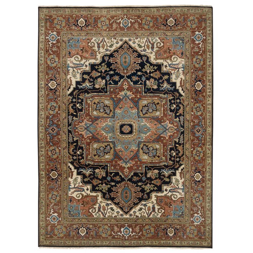 Midnight Blue and Rust, Heriz with Classic Geometric Medallion Design, Thick and Plush, Pure Wool, Hand Knotted, Oriental Rug