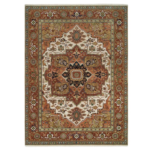 Ivory and Rust, Heriz with Classic Geometric Medallion Design, Thick and Plush, Pure Wool, Hand Knotted, Oriental Rug