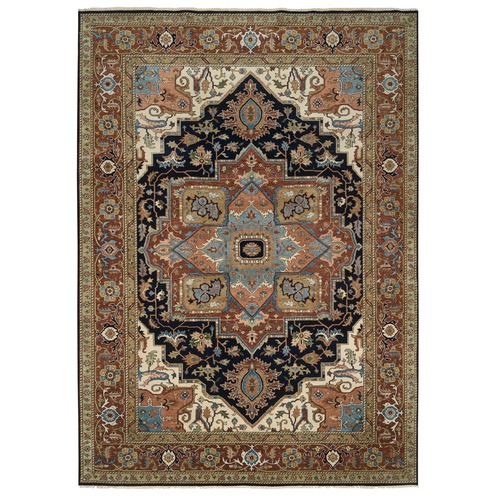 Navy and Rust, Heriz with Classic Geometric Medallion Design, Thick and Plush, Hand Knotted, Pure Wool, Oriental Rug