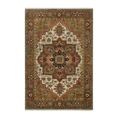 Ivory and Rust, Heriz with Classic Geometric Medallion Design, Thick and Plush, Hand Knotted, Pure Wool, Oriental Rug