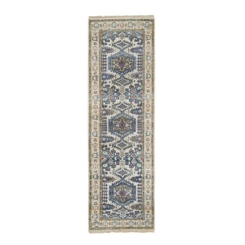 Ivory with Soft Tones, Reimagined Persian Viss Design, Plush and Lush Soft Pile, Natural Wool Hand Knotted, Runner Oriental Rug