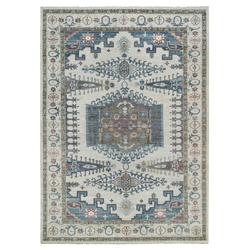 Ivory with Soft Tones, Plush and Lush Soft Pile Pure Wool, Hand Knotted Reimagined Persian Viss Design, Oversized Oriental Rug