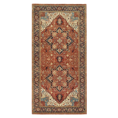 Terracotta Red, Natural Dyes Densely Woven, Pure Wool Hand Knotted, Antiqued Fine Heriz Re-Creation, Gallery Size Runner Oriental Rug
