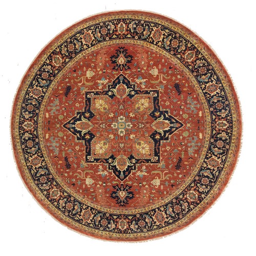 Terracotta Red, Natural Dyes Dense Weave, Extra Soft Wool Hand Knotted, Antiqued Fine Heriz Re-Creation, Round Oriental Rug