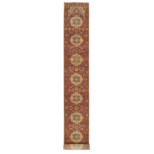 Terracotta Red, Hand Knotted, Antiqued Fine Heriz Re-Creation, Dense Weave, Natural Dyes, Pure Wool, XL Runner Oriental Rug