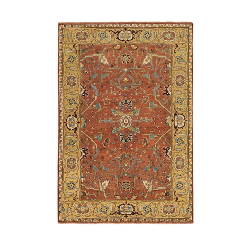 Terracotta Red, Antiqued Fine Heriz Re-Creation, Hand Knotted, 100% Wool, Oriental Rug