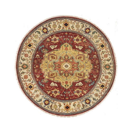 Terracotta Red, Hand Knotted Antiqued Fine Heriz Re-Creation, Natural Dyes Dense Weave, Extra Soft Wool, Round Oriental Rug