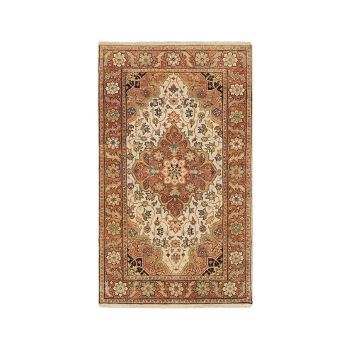 Ivory, Natural Dyes Pure Wool, Hand Knotted Antiqued Fine Heriz Re-Creation, Densely Woven, Oriental Rug