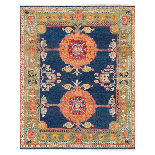 Navy Blue, Colorful Samarkand Design Thick and Plush, Pure Wool Hand Knotted, Oriental 