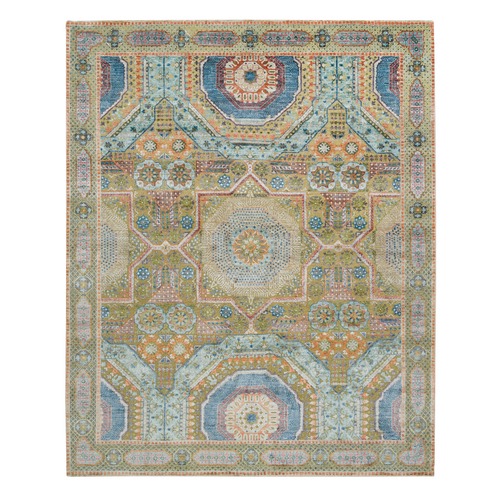 Colorful, Textured Wool with Silk, Hand Knotted, Mamluk Design with Geometric Medallions, Oriental Rug