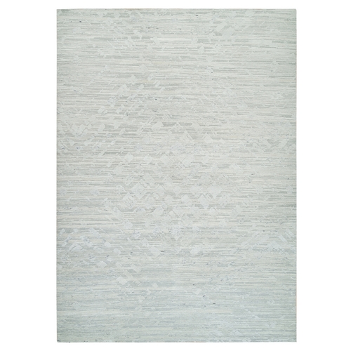 Ivory and Light Grey, Hand Spun Undyed Natural Wool, Modern Design, Hand Knotted, Oriental Rug