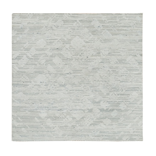 Ivory and Light Grey, Hand Knotted, Hand Spun Undyed Natural Wool, Modern Design, Square Oriental Rug