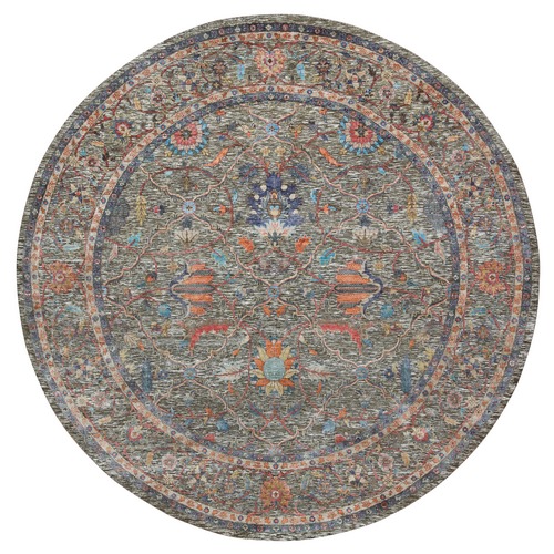 Taupe, Silk with Textured Wool, Hand Knotted, Persian Scrolls Leaf and Flower Design, Round Oriental Rug
