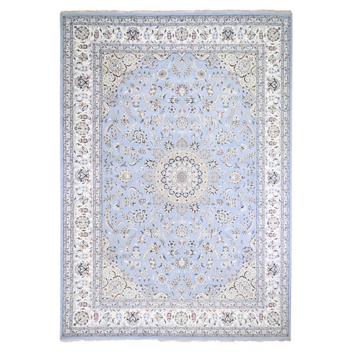 Light Blue with an Ivory Border Nain Wool and Silk 250 KPSI Hand Knotted Oriental Rug