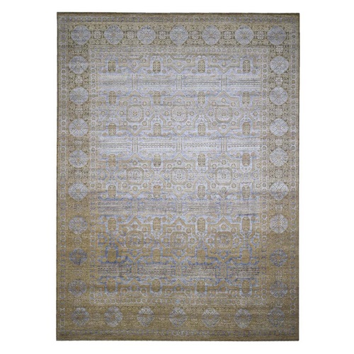 Mamluk Antiqued Gold Design Silk With Textured Wool Hand Knotted Oriental Rug