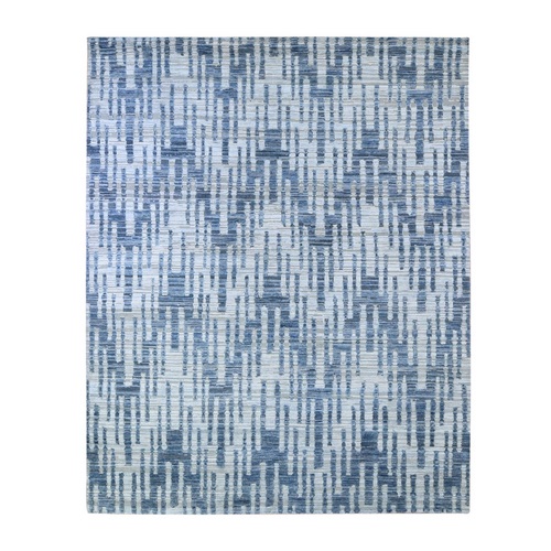 Zigzag with Graph Design Blue Pure Silk and Textured Wool Hand Knotted Oriental Rug Zigzag with Graph Design Blue Pure Silk and Textured Wool Hand Knotted Oriental Rug