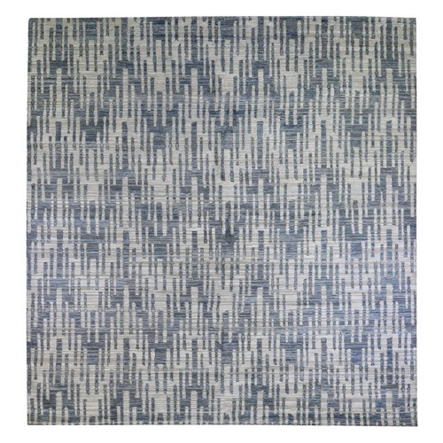 Blue Pure Silk and Textured Wool Square Zigzag with Graph Design Hand Knotted Oriental Rug