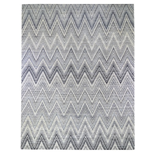 Oversized Gray-Blue Chevron Design Textured Wool and Pure Silk Hand Knotted Oriental 