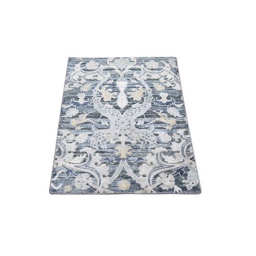 Blue Blossom Design Pure Silk with Textured Wool Hand Knotted Mat Oriental Rug Blue Blossom Design Pure Silk with Textured Wool Hand Knotted Mat Oriental Rug