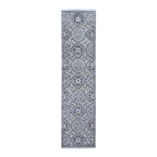 Mughal Inspired Medallions Design Textured Wool and Silk Hand Knotted Brown Runner Oriental Rug
