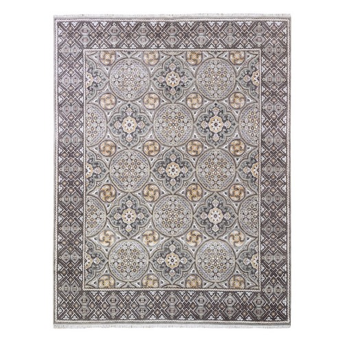 Textured Wool and Silk Mughal Inspired Medallions Design Hand Knotted Brown Oriental Rug