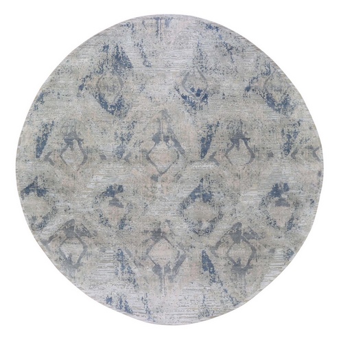 Hand Knotted Modern Ivory Large Elements with Pastels Round Silk with Textured Wool Oriental Rug