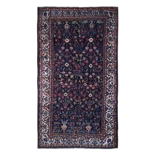 Midnight Blue Antique Persian Bakhtiar Good Condition Longer Shape Vase and Flower All Over Design Hand Knotted Pure Wool Clean Oriental Rug