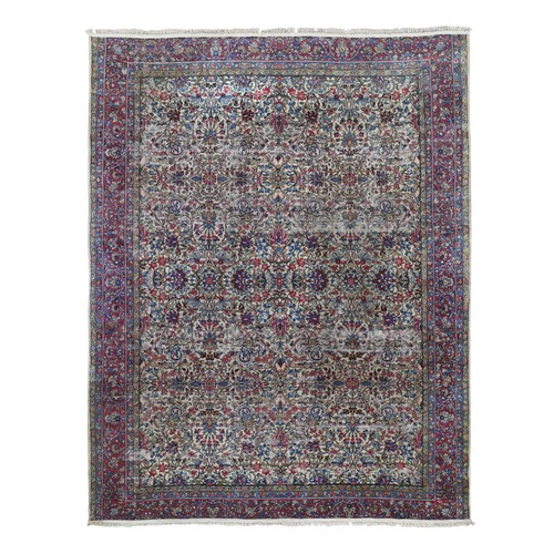 Beige Antique Persian Kerman with Areas of Wear, Distressed, Clean, Sides and Edges Secured Hand Knotted Pure Wool Oriental Rug